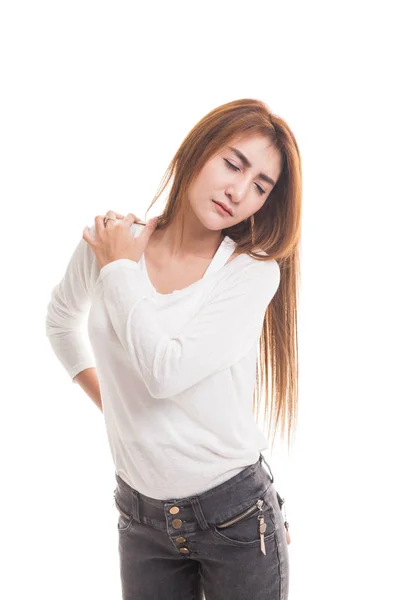 Ung asiatisk kvinna fick tillbaka smärta. — Stockfoto