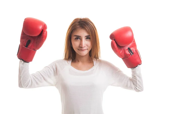 Young Asian woman with red boxing gloves. — Stock Photo, Image