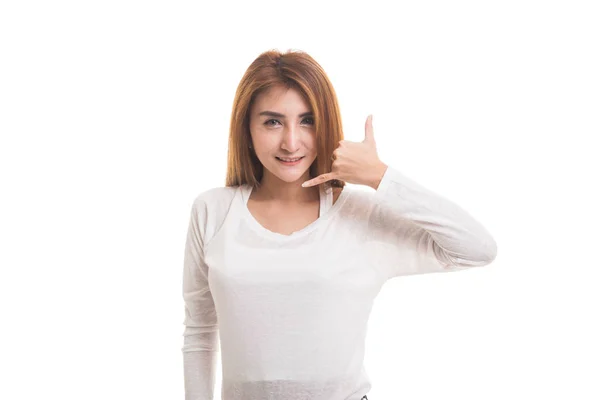 Young Asian woman show with phone gesture. — Stock Photo, Image