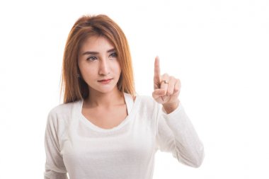 Asyalı kadın parmak ile ekranın dokunmadan.