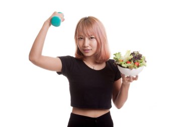 Dambıl ve salata ile sağlıklı Asyalı kadın.