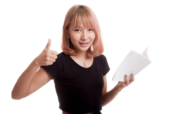 年轻的亚洲女人竖起大拇指拿着一本书. — 图库照片