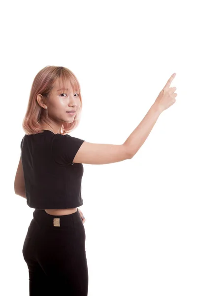Terug van Aziatische vrouw aanraken van het scherm met haar vinger. — Stockfoto