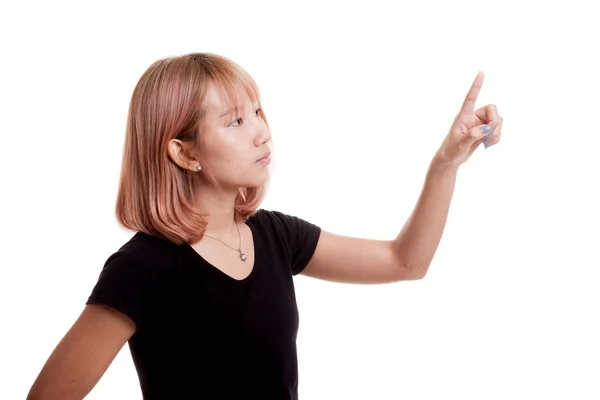 Mulher asiática tocando a tela com o dedo . — Fotografia de Stock