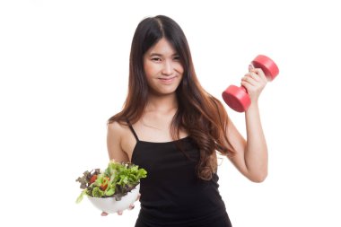 Dambıl ve salata ile sağlıklı Asyalı kadın.
