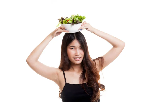 Friska asiatisk kvinna med sallad. — Stockfoto