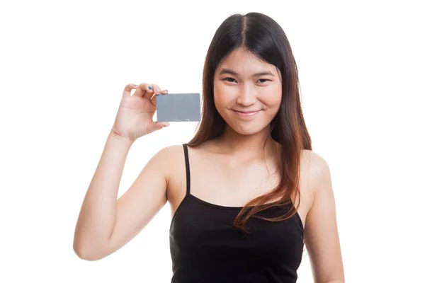 Joven asiática sonrisa con tarjeta en blanco . — Foto de Stock