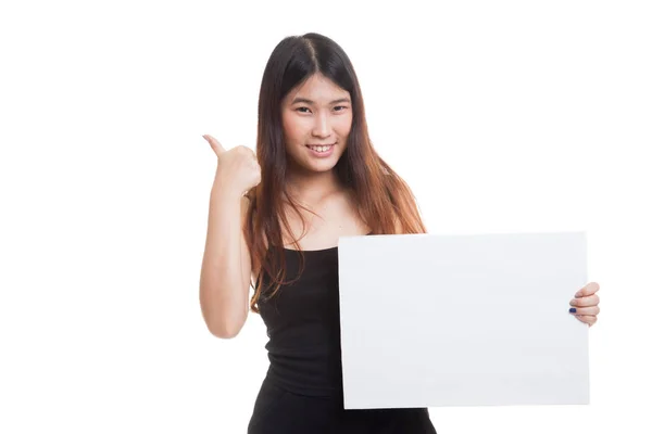 Young Asian woman show thumbs up with  white blank sign. — Stock Photo, Image