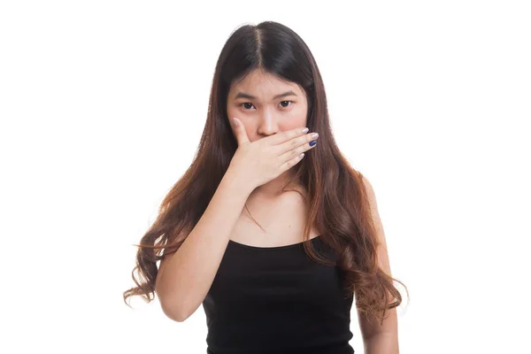 Junge asiatische Frau schließt ihren Mund mit der Hand. — Stockfoto