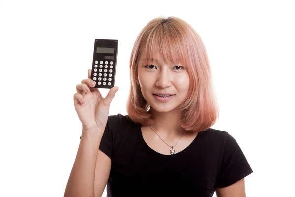 Asian woman smile with calculator. — Stock Photo, Image
