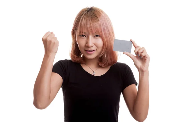 Young Asian woman fist pump with blank card. — Stock Photo, Image
