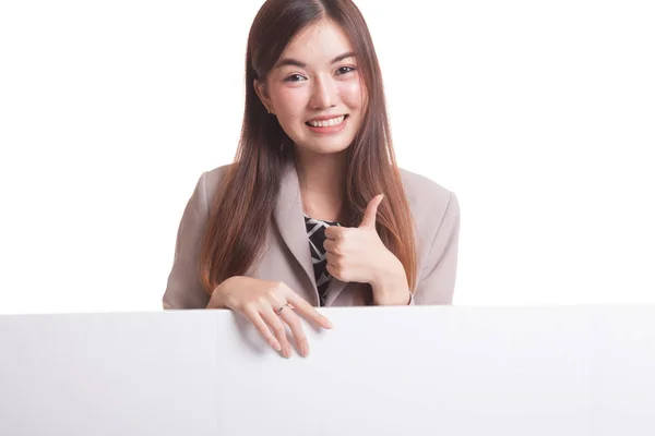 Young Asian woman show thumbs up with blank sign. — Stock Photo, Image