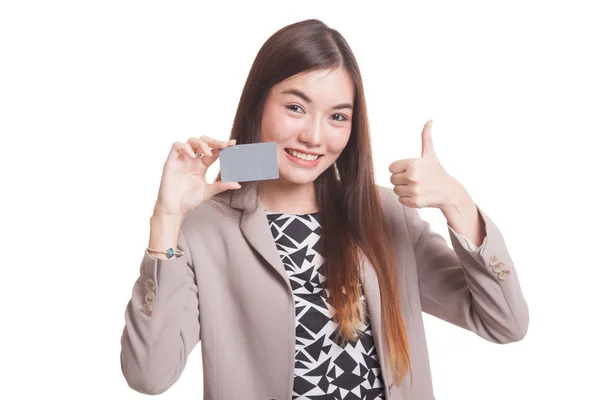Young Asian woman thumbs up with a blank card. — Stock Photo, Image
