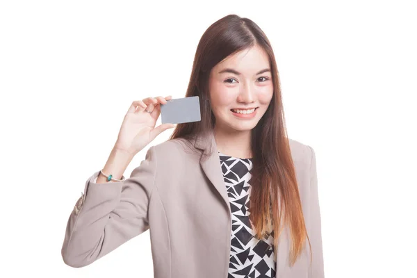 Young Asian woman smile with blank card. — Stock Photo, Image