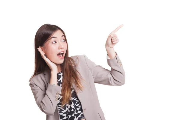 Excited Asian woman point to blank space. — Stock Photo, Image