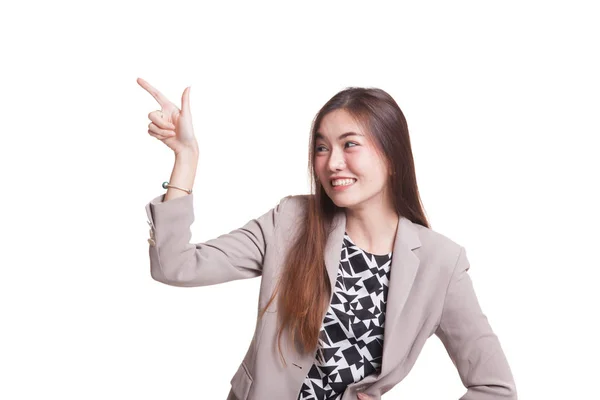 Jonge Aziatische vrouw glimlach en punt. — Stockfoto