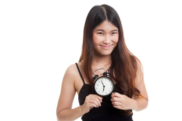 時計で若いアジア女性笑顔. — ストック写真