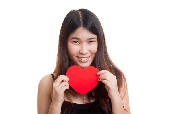 Asijské žena s červeným srdcem. — Stock fotografie