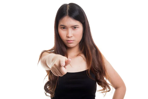 Young Asian woman angry and point to camera. — Stock Photo, Image