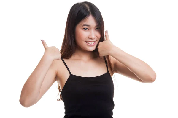 Ung asiatisk kvinna Visa två tummar upp. — Stockfoto
