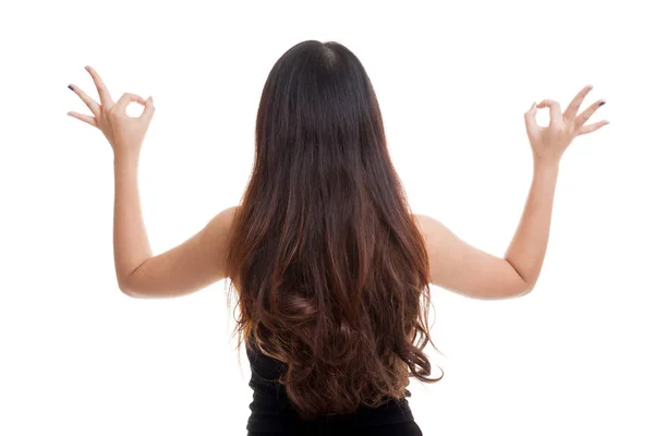 Back view of Asian woman show double OK hand sign. — Stock Photo, Image