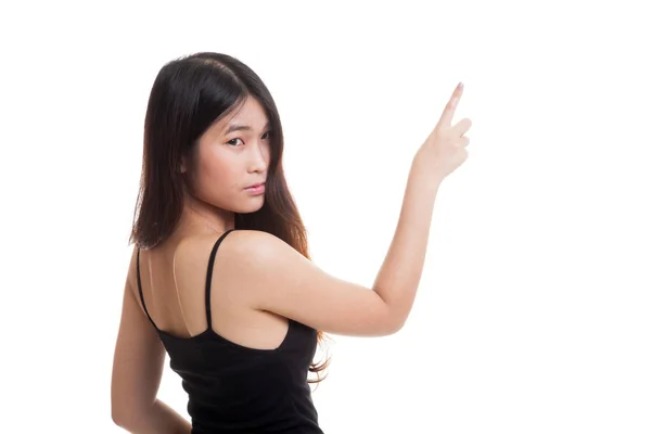 Baksidan av asiatisk kvinna att trycka på skärmen med fingret. — Stockfoto