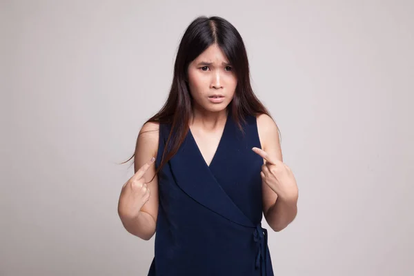 Young Asian woman point at herself ask why me. — Stock Photo, Image