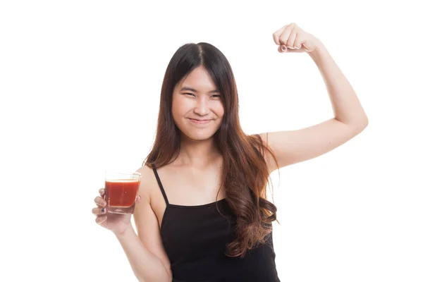 Fuerte mujer asiática sana con jugo de tomate . — Foto de Stock