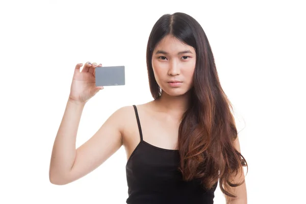 Mladá asijská žena s prázdnou kartu. — Stock fotografie