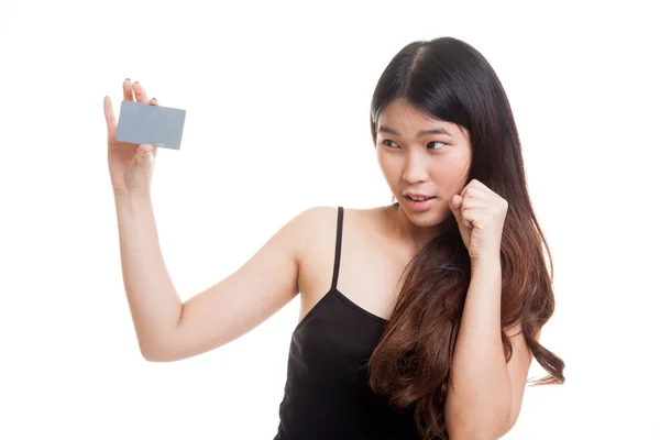 Happy young Asian woman with a blank card. — Stock Photo, Image