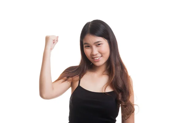 Éxito joven asiática mujer hold puño arriba . — Foto de Stock