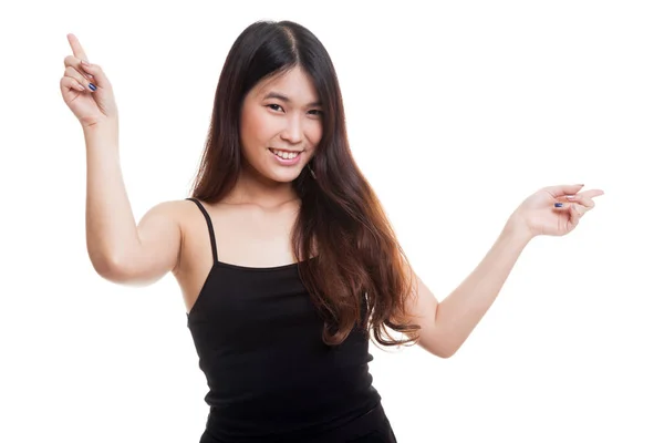 Young Asian woman point with two hands. — Stock Photo, Image