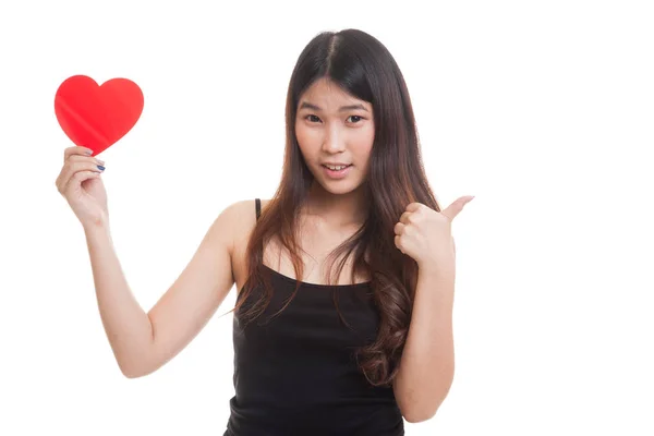 Asian woman thumbs up with red heart. — Stock Photo, Image