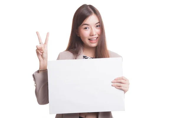 Junge asiatische Geschäftsfrau zeigt Siegeszeichen mit leerem Schild. — Stockfoto