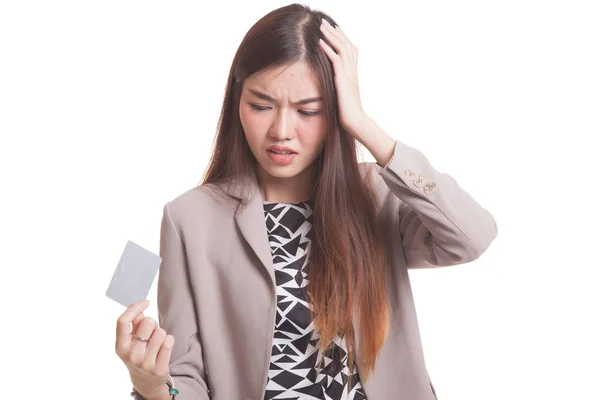 Young Asian woman headache with a blank card. — Stock Photo, Image
