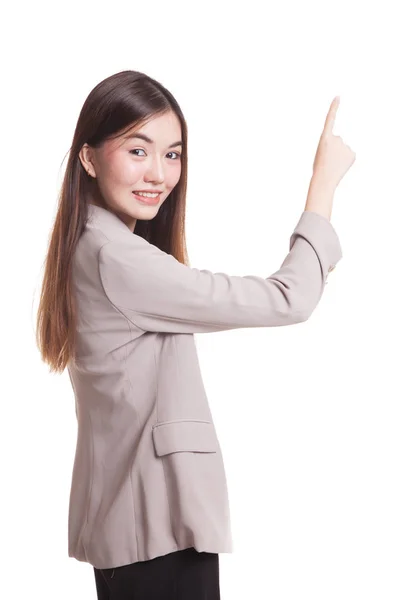 Rücken einer asiatischen Frau, die den Bildschirm mit ihrem Finger berührt. — Stockfoto