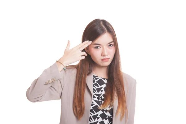 Mooie jonge Aziatische vrouw vingers in pistool gebaar houden. — Stockfoto