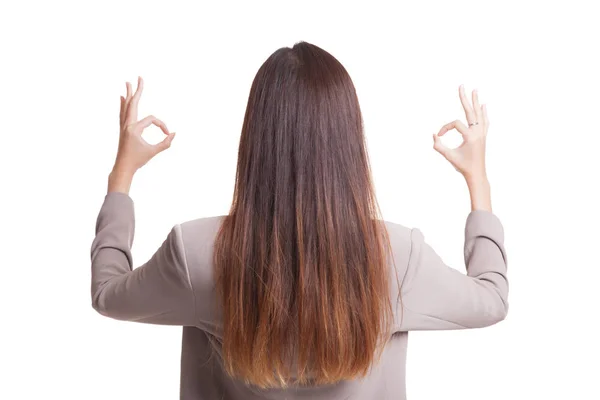 Back view of Asian woman show double OK hand sign. — Stock Photo, Image