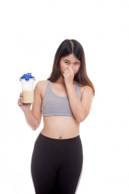 Güzel Asyalı sağlıklı kız nefret peynir altı suyu protein koku.