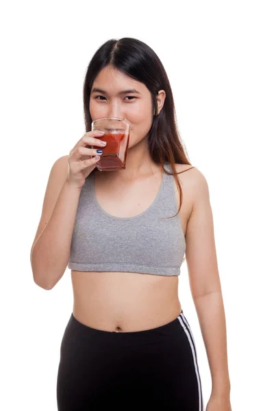 Hermosa chica asiática sana beber jugo de tomate . — Foto de Stock