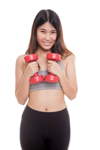Όμορφο κορίτσι της Ασίας υγιή άσκηση με αλτήρα. — Φωτογραφία Αρχείου