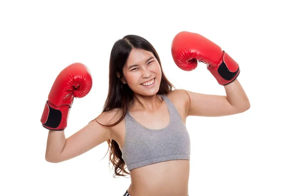 Beautiful healthy Asian girl with red boxing glove. — Stock Photo, Image