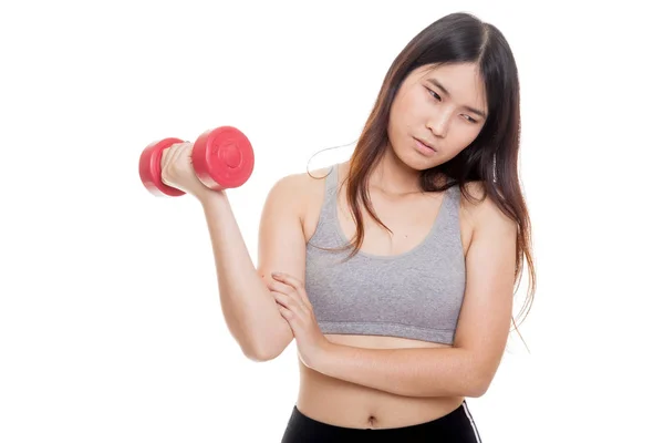 Asiática sana chica got brazo dolor con dumbbell . —  Fotos de Stock