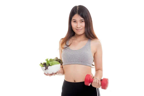 Krásná Asiatka zdravé s činka a salátem. — Stock fotografie