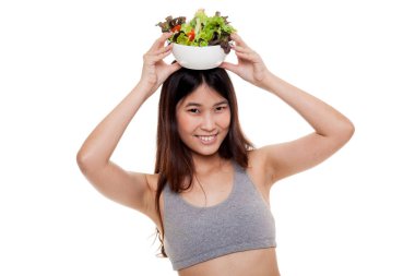 Güzel Asyalı sağlıklı kız salata ile.