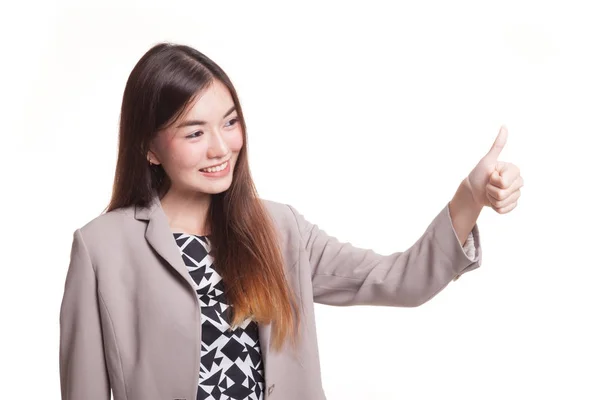 Asiatisk kvinna tummen upp och leende. — Stockfoto