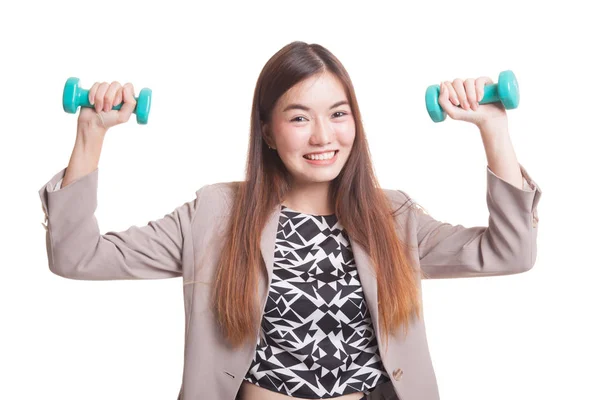 Gezonde Aziatische vrouw met halters. — Stockfoto