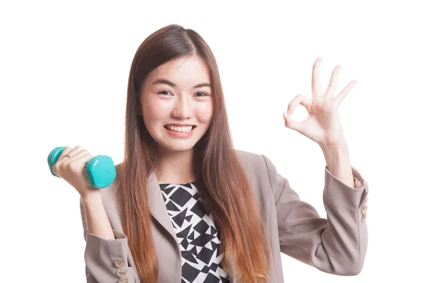 Healthy Asian woman show OK with dumbbells. — Stock Photo, Image