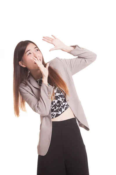 Emocionado joven mujer asiática mirar hacia arriba . —  Fotos de Stock