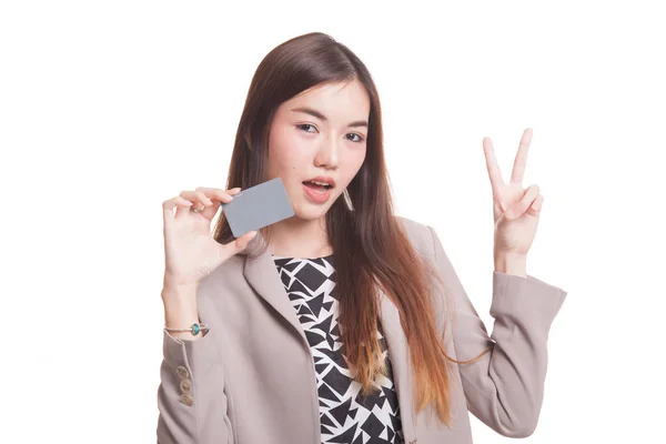 Young Asian woman show Victory with a blank card. — Stock Photo, Image